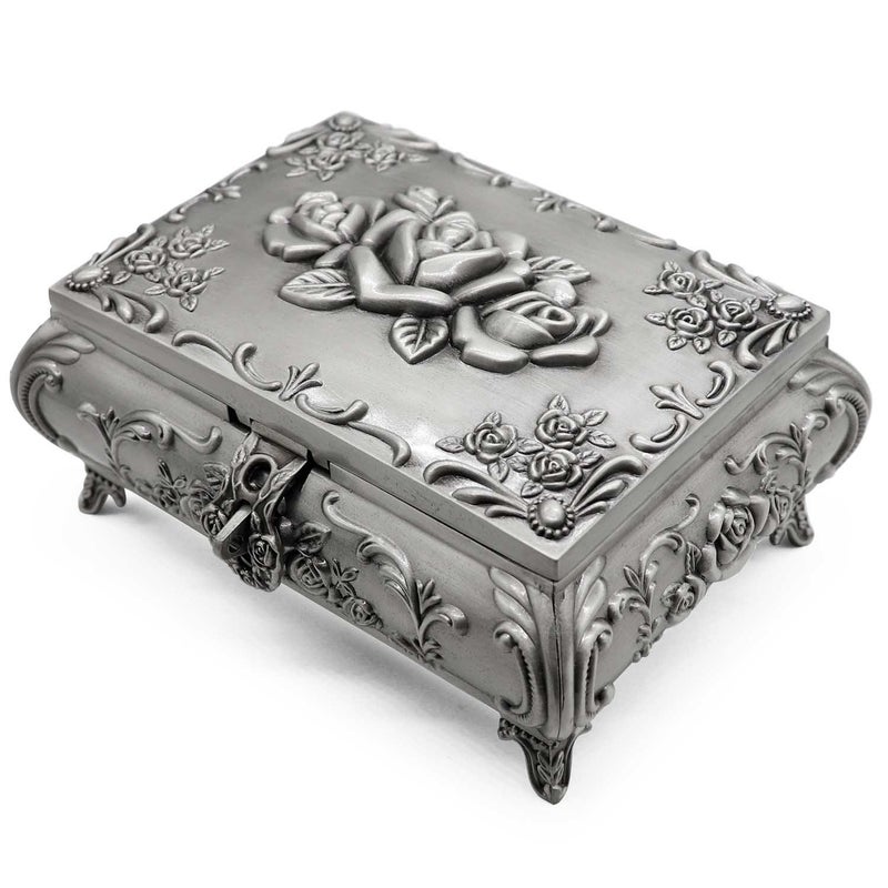 AVESON Rectangle Vintage Metal Jewelry Box Trinket Storage Organizer Gift Box Chest Ring Case with Rose Pattern for Girls Ladies Women, Large - Image 1